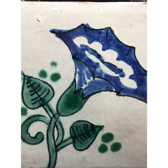 Vintage Mexican Talavera Tile Ceramic Blue Floral Green Foliage Design 4.5"x4.5" - Picture 8 of 11